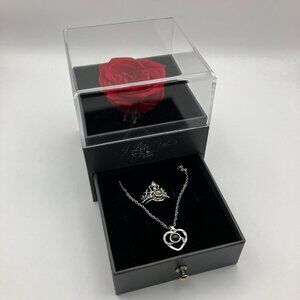 Preserved Rose Jewelry Gift Box with Silver Ring & Necklace I Love You Forever